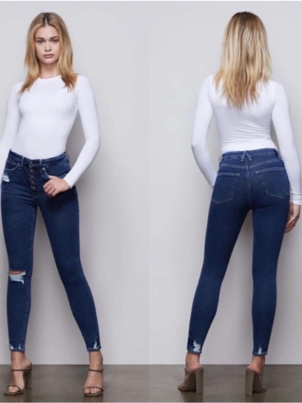 Good American Good Waist Exposed Buttons Distressed Jeans Size 29